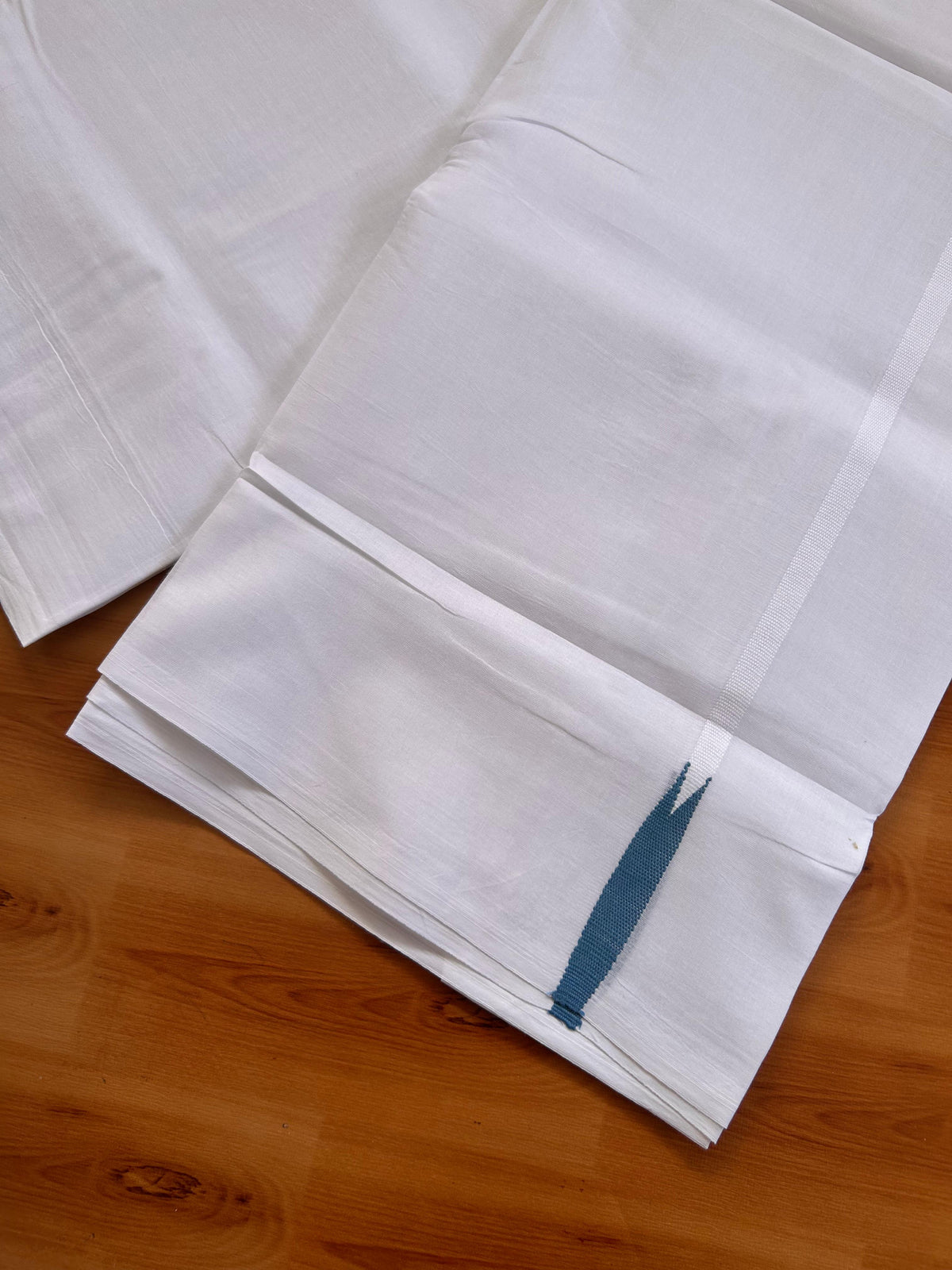 Pure White Double Mundu/Dhoti - 20% Discount! KaithariKada Pulimood - 100% Cotton - 100x100 - 0.5 inch Puliyilakkara Peacock Blue Chutty Kara 4 mtr (8.5 muzham) - 19 KK5530 ASH