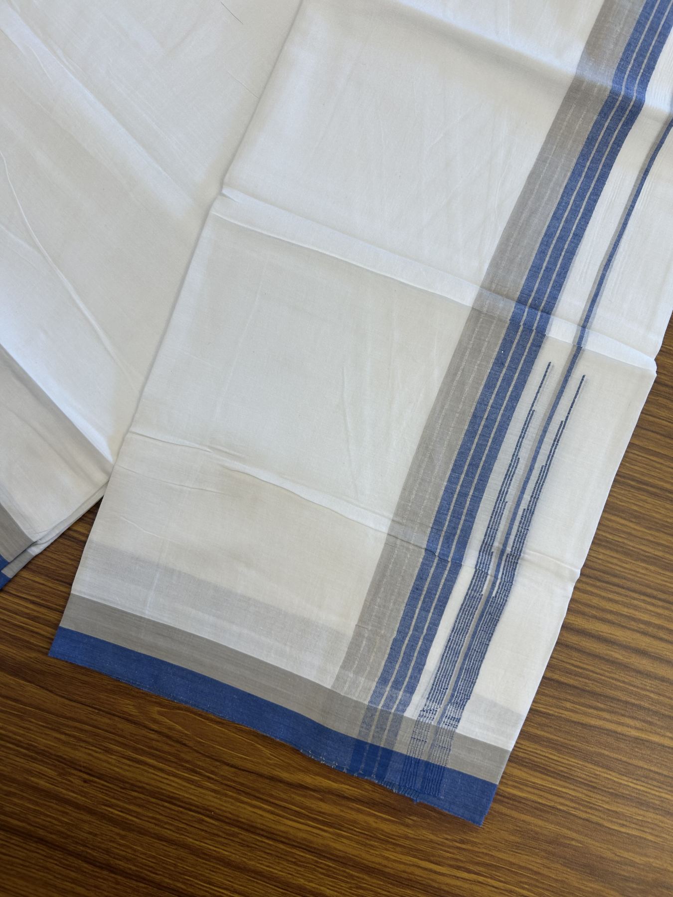 20% Discount ! Kaitharikada Balaramapuram 100% Pure Cotton Double Pure White Mundu/Dhoti - 100x80 - 1.5 inch Silver Kasav Grey & Blue Shaded Stripes Chutty 3.90 mtr (8 muzham) - 57 KK5312 PMC