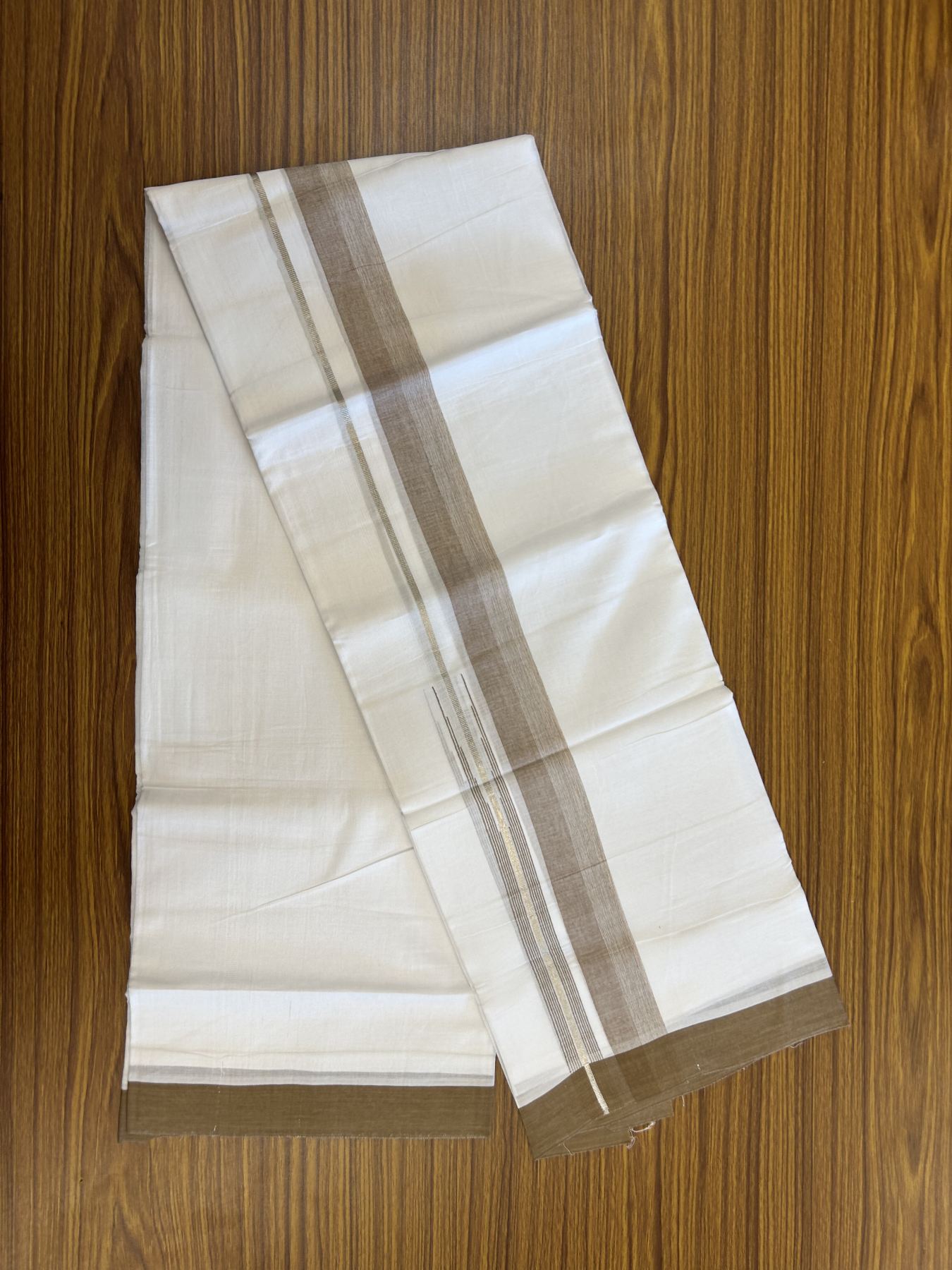 20% Discount ! Kaitharikada Balaramapuram 100% Pure Cotton Double Pure White Mundu/Dhoti - 100x80 - 1.5 inch Silver Kasav & Brown Shaded Stripes Chutty 3.90 mtr (8 muzham) - 48 KK5312 PMC