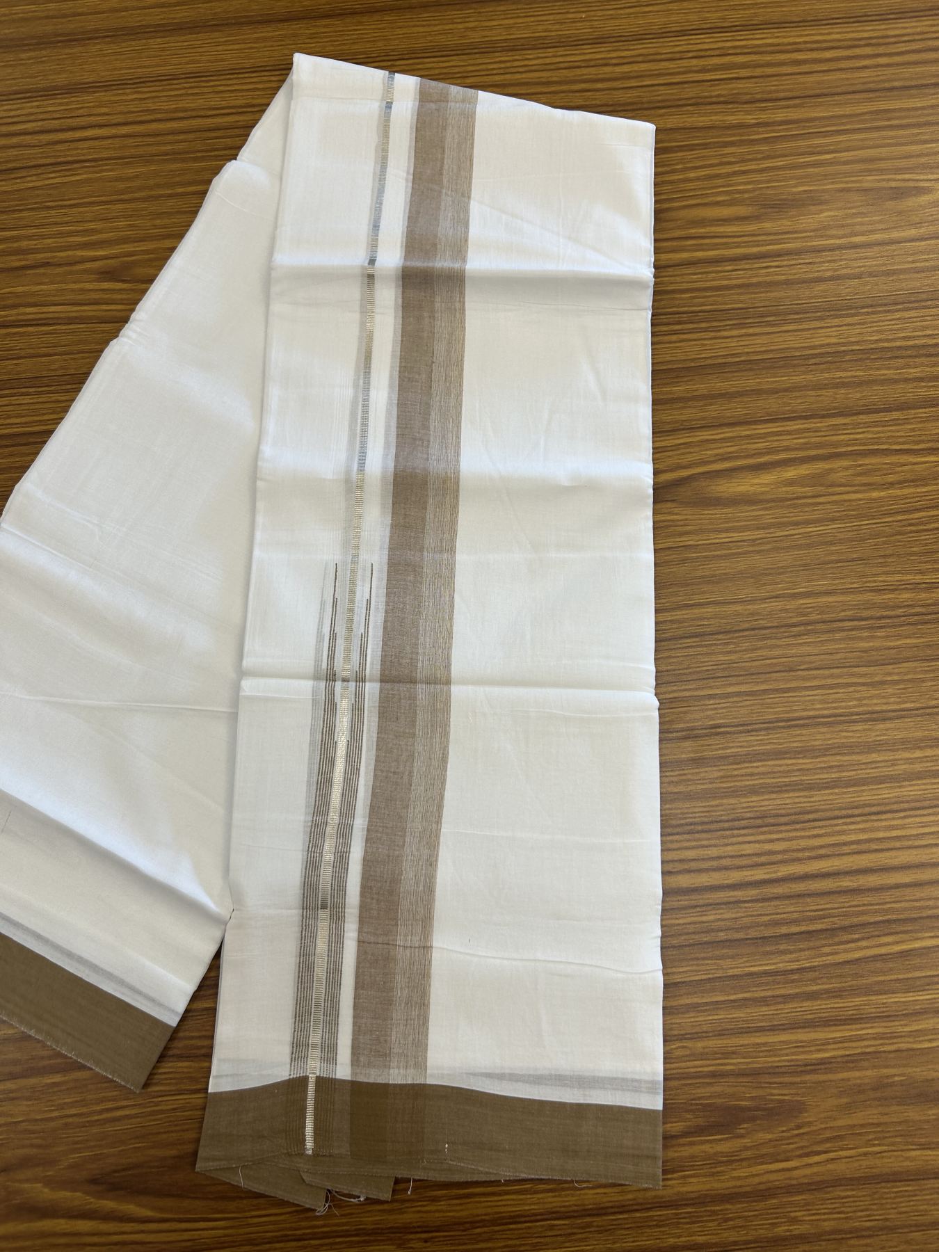 20% Discount ! Kaitharikada Balaramapuram 100% Pure Cotton Double Pure White Mundu/Dhoti - 100x80 - 1.5 inch Silver Kasav & Brown Shaded Stripes Chutty 3.90 mtr (8 muzham) - 48 KK5312 PMC