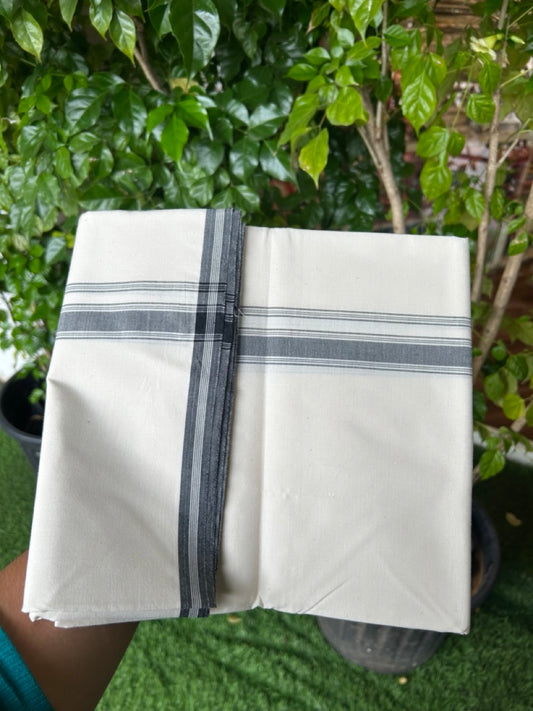 20% DISCOUNT ! KaithariKada Balaramapuram 100% COTTON SINGLE OFF WHITE - (Unbleached) Mundu/Dhoti-Twisted 100s Thread- 0.75 inch Black Shaded Striped Kara (2 metre - 4 muzham) - 9KK5203ASH