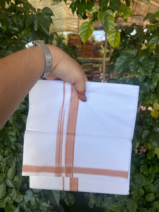 5% Discount! KaithariKada Balaramapuram 100% Cotton Double Pure white Mundu/Dhoti- 100x100 - 0.75 inch Puliyilakkara Pastel Orange Shaded One Side Chutty Kara - 3.90 mtr (8 muzham)  - 48 KK5279 CKS