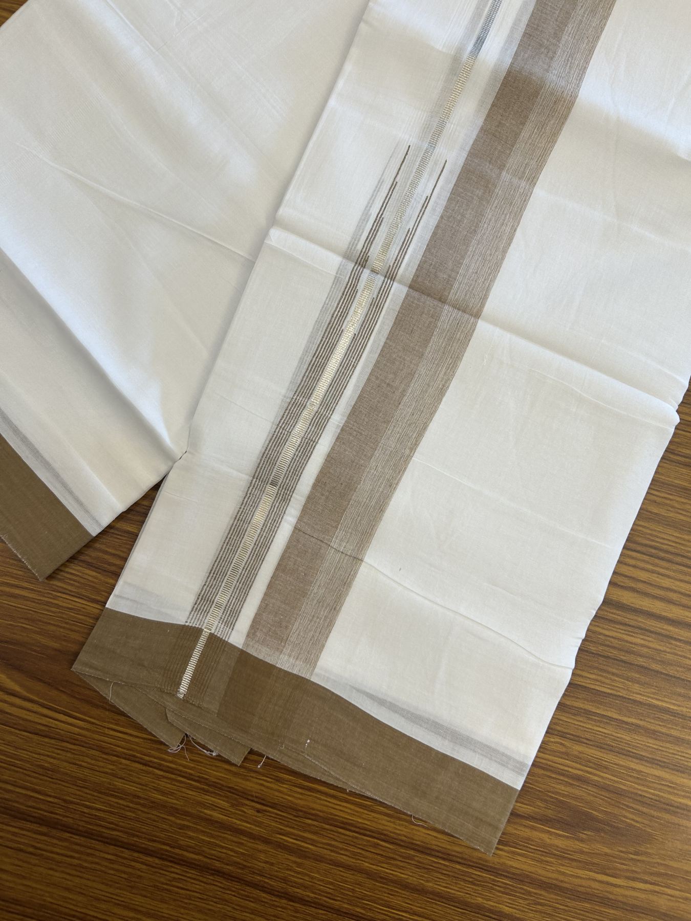 20% Discount ! Kaitharikada Balaramapuram 100% Pure Cotton Double Pure White Mundu/Dhoti - 100x80 - 1.5 inch Silver Kasav & Brown Shaded Stripes Chutty 3.90 mtr (8 muzham) - 48 KK5312 PMC