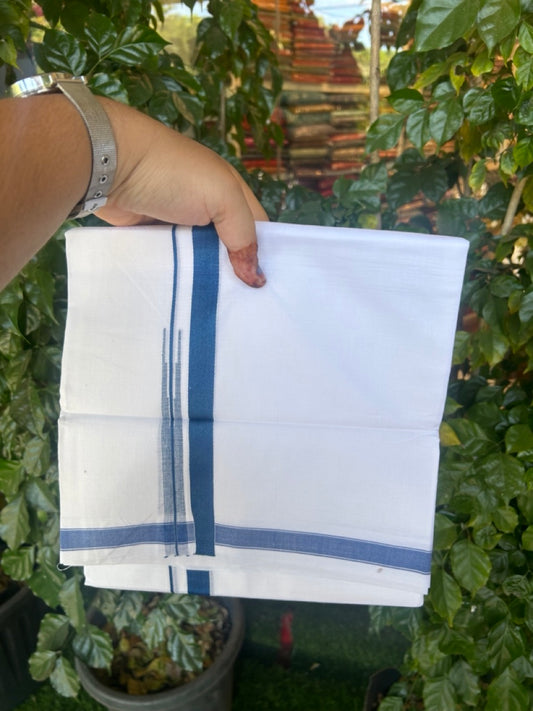 5% Discount! KaithariKada Balaramapuram 100% Cotton Double Pure white Mundu/Dhoti- 100x100 - 0.75 inch Puliyilakkara Peacock Blue One Side Chutty Kara - 3.90 mtr (8 muzham)  - 52 KK5279 CKS