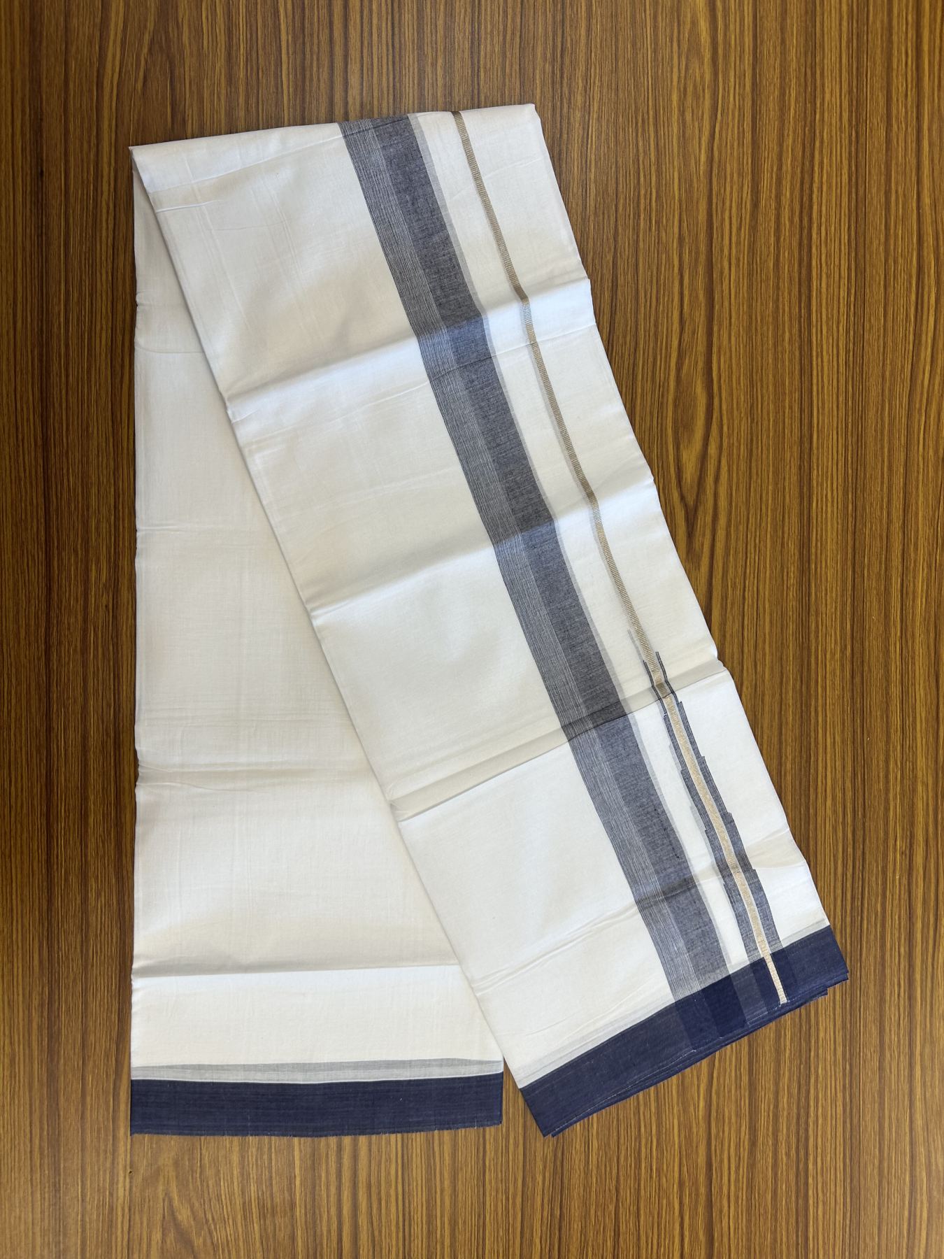 20% Discount ! Kaitharikada Balaramapuram 100% Pure Cotton Double Pure White Mundu/Dhoti - 100x80 - 1.5 inch Silver Kasav & Navy Blue Shaded Stripes Chutty 3.90 mtr (8 muzham) - 51 KK5312 PMC