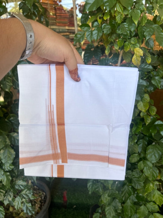 5% Discount! KaithariKada Balaramapuram 100% Cotton Double Pure white Mundu/Dhoti- 100x100 - 0.75 inch Puliyilakkara Brick Yellow One Side Chutty Kara - 3.90 mtr (8 muzham)  - 53 KK5279 CKS