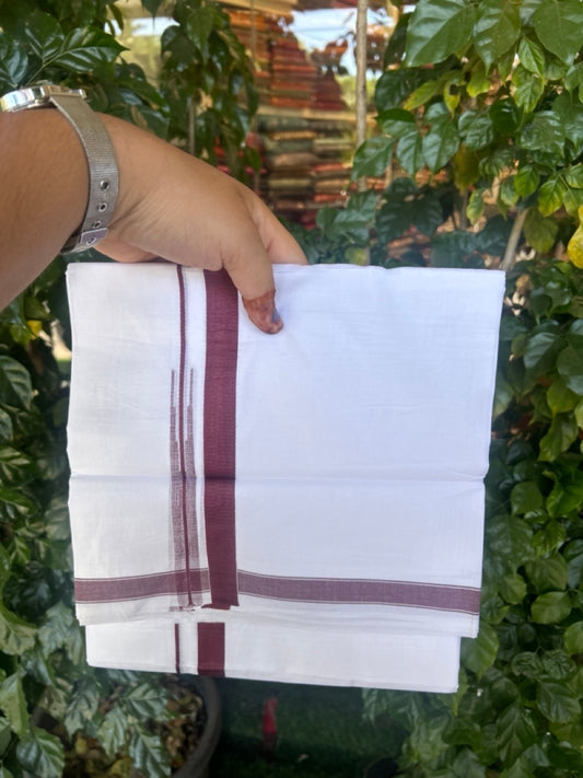 5% Discount! KaithariKada Balaramapuram 100% Cotton Double Pure white Mundu/Dhoti- 100x100 - 0.75 inch Puliyilakkara Wine One Side Chutty Kara - 3.90 mtr (8 muzham)  - 49 KK5279 CKS