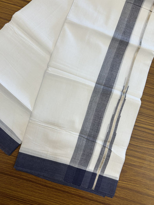 20% Discount ! Kaitharikada Balaramapuram 100% Pure Cotton Double Pure White Mundu/Dhoti - 100x80 - 1.5 inch Silver Kasav & Navy Blue Shaded Stripes Chutty 3.90 mtr (8 muzham) - 51 KK5312 PMC