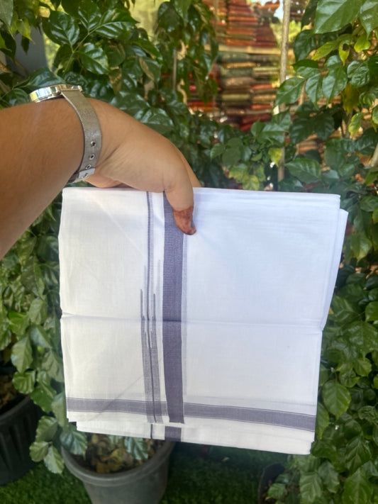 5% Discount! KaithariKada Balaramapuram 100% Cotton Double Pure white Mundu/Dhoti- 100x100 - 0.75 inch Puliyilakkara Purple Lavender One Side Chutty Kara - 3.90 mtr (8 muzham)  - 54 KK5279 CKS