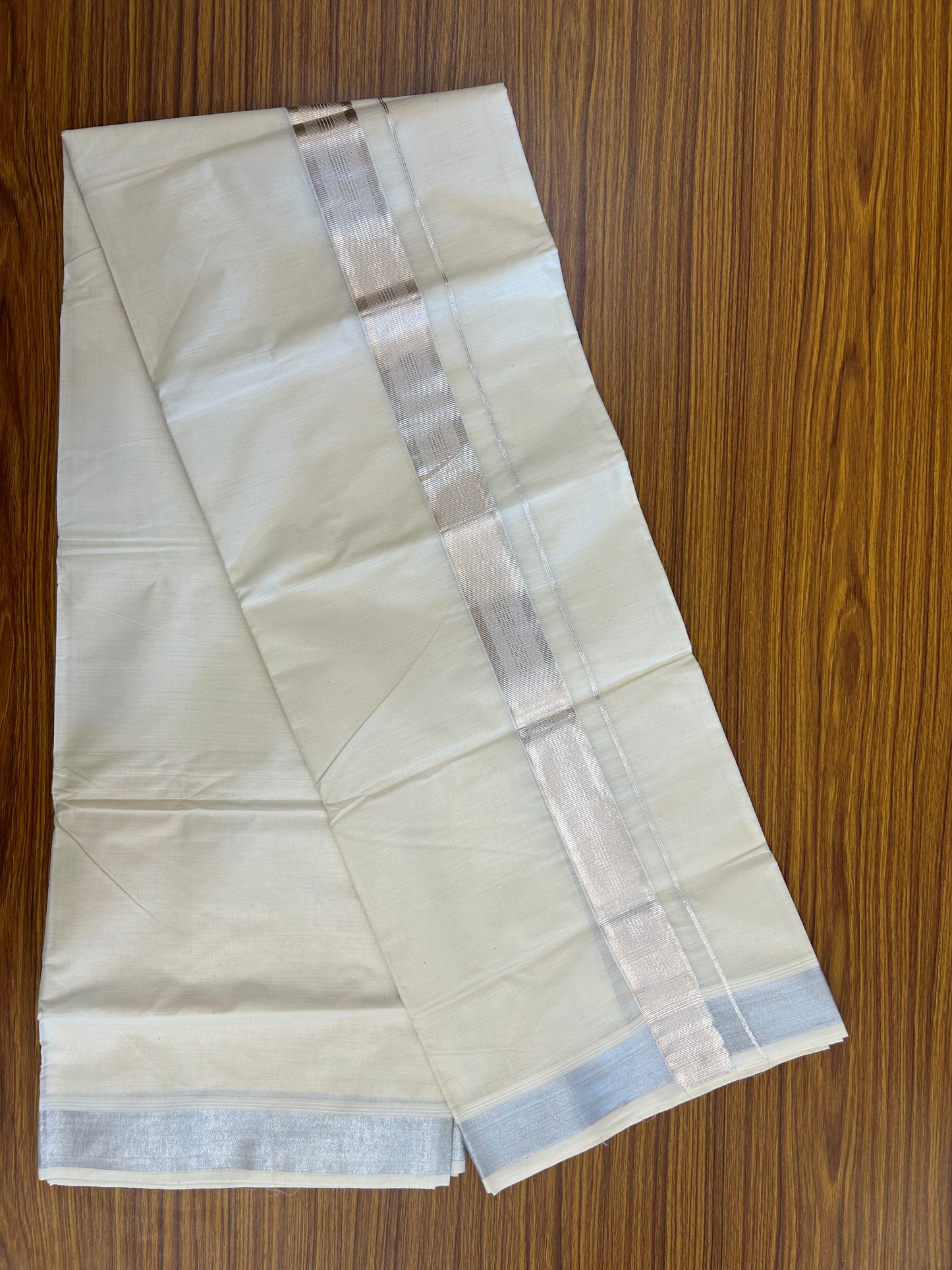 20% Discount ! KaithariKada  Balaramapuram - Pure Cotton Off White  (Unbleached) Double Mundu/Dhoti - 100X80 - 1.5 inch Silver Kasav Striped Kara 4 mtr (8.5 Muzham) - 1 KK5250 VIN