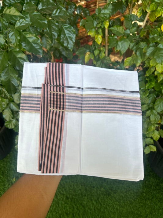 20% Discount! KaithariKada Balaramapuram 100% Cotton Double Pure white Mundu/Dhoti- 100x80 - 1.5 inch Silver Black & Dusty Rose Striped kara - 3.90mtr ( 8 muzham) - 71 KK5279 CKS