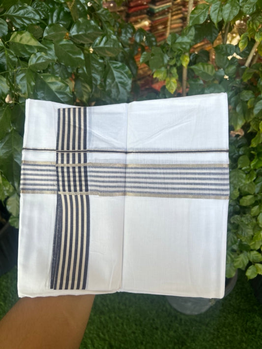 20% Discount! KaithariKada Balaramapuram 100% Cotton Double Pure white Mundu/Dhoti- 100x80 - 1.5 inch Silver Navy Blue & Cream Striped kara - 3.90mtr ( 8 muzham) - 68 KK5279 CKS