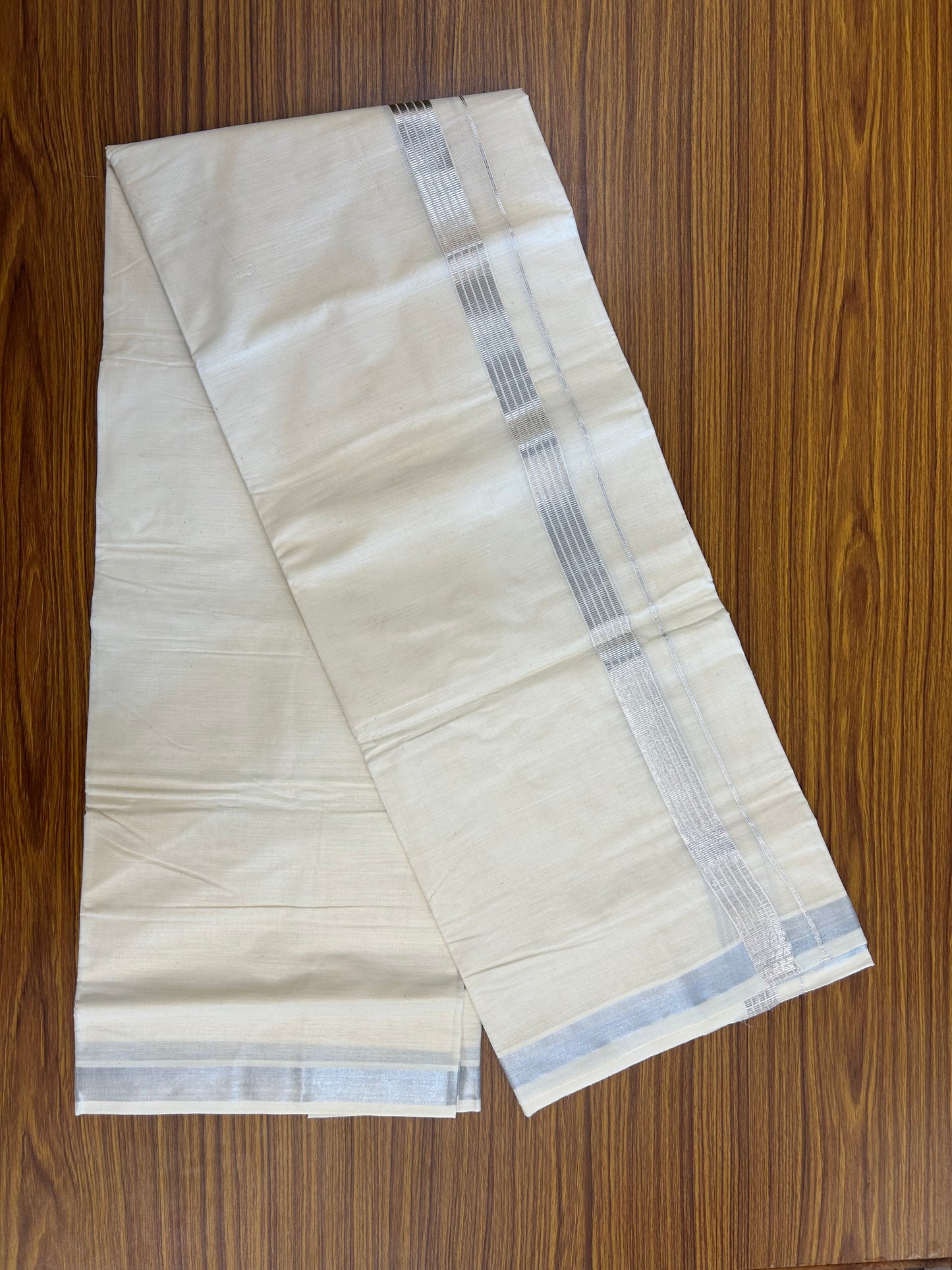 20% Discount ! KaithariKada  Balaramapuram - Cotton Off White (Unbleached) Double Mundu/Dhoti - Mixed Cotton 80x72 - 90% Cotton & 10% Polyester - 1.5 inch Silver Kasav Striped Kara 4 mtr (8.5 Muzham) - 4 KK5250 VIN