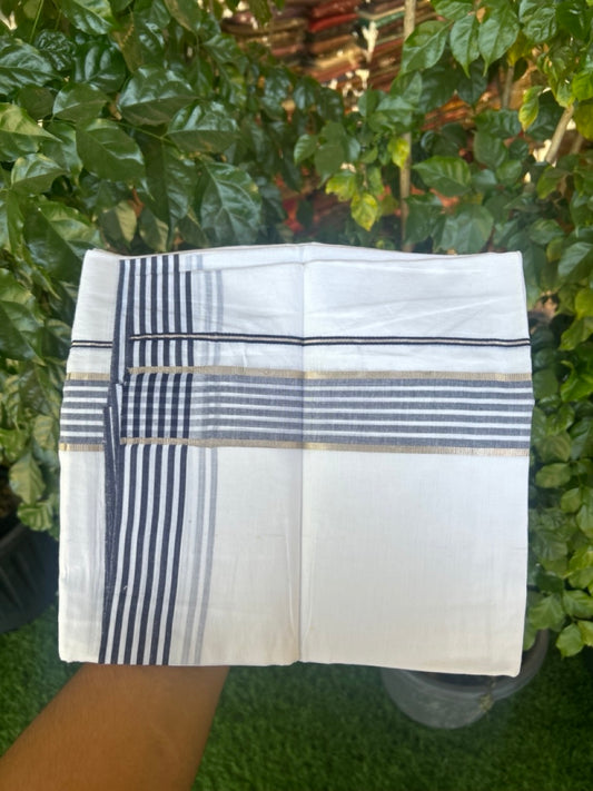20% Discount! KaithariKada Balaramapuram 100% Cotton Double Pure white Mundu/Dhoti- 100x80 - 1.5 inch Silver Navy Blue & White Striped kara - 3.90mtr ( 8 muzham) - 72 KK5279 CKS