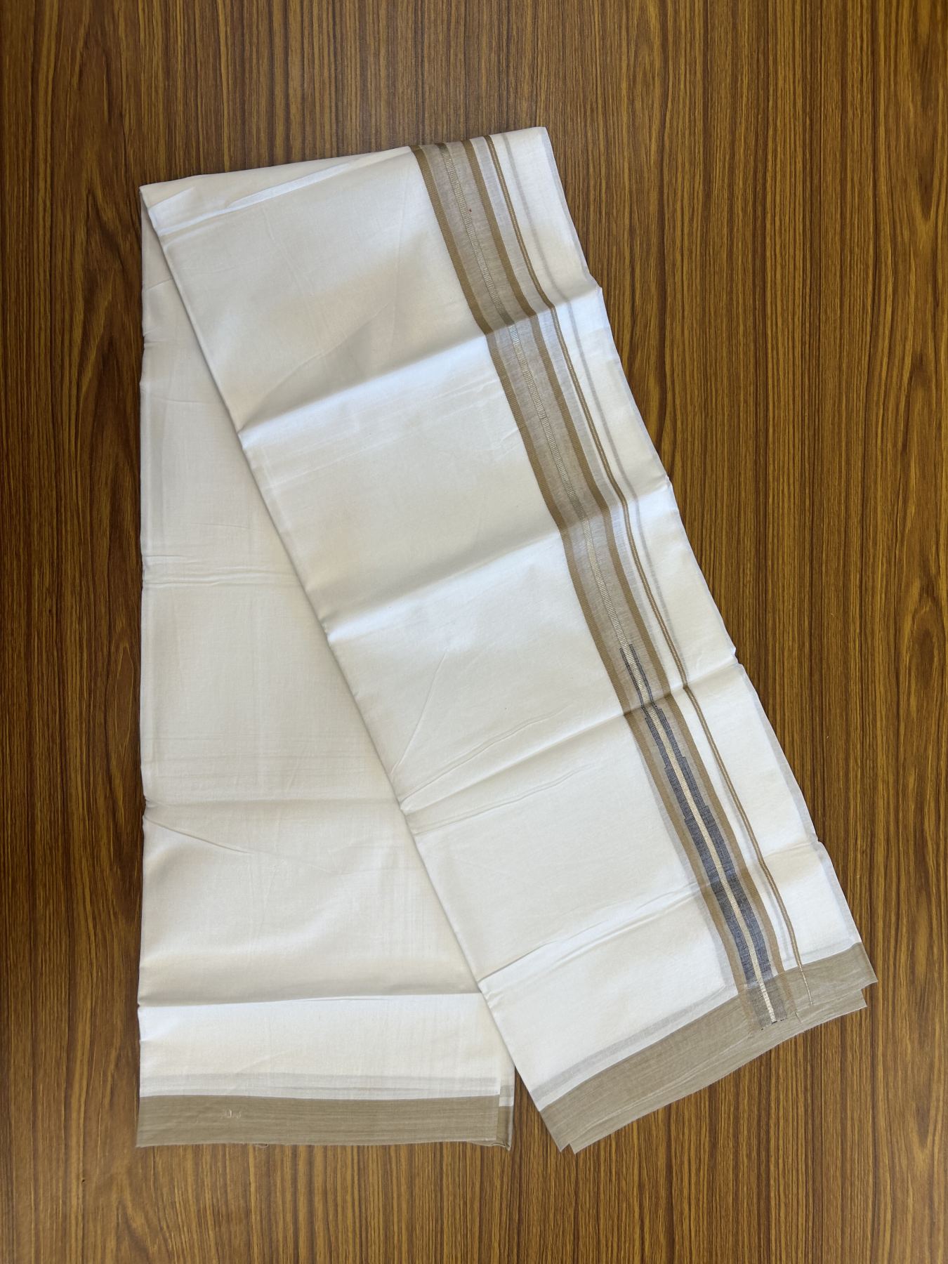 20% Discount ! Kaitharikada Balaramapuram 100% Pure Cotton Double Pure White Mundu/Dhoti - 100x80 - 1.5 inch Silver Kasav Brown & Blue Shaded Stripes Chutty 3.90 mtr (8 muzham) - 58 KK5312 PMC