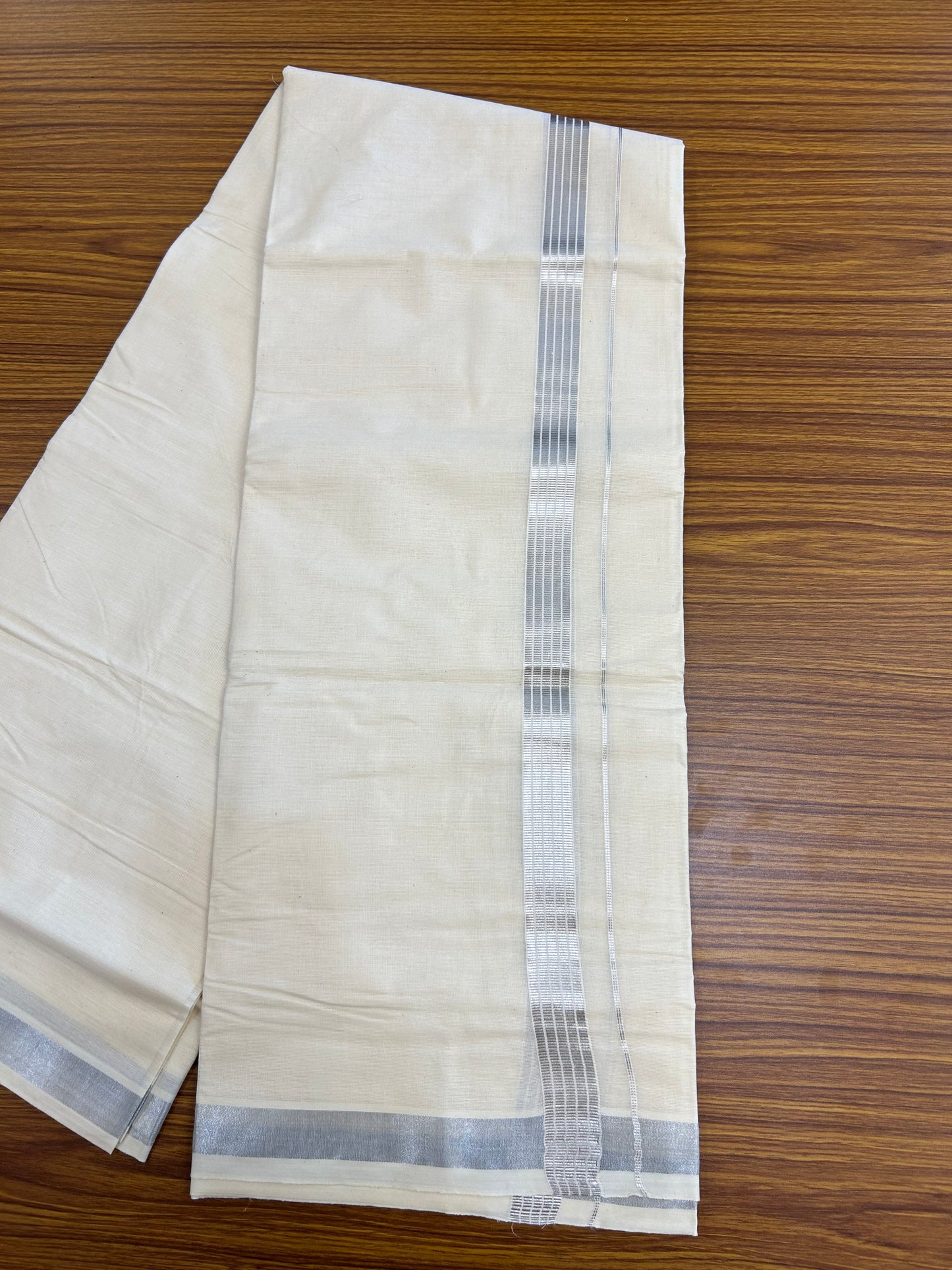 20% Discount ! KaithariKada  Balaramapuram - Cotton Off White (Unbleached) Double Mundu/Dhoti - Mixed Cotton 80x72 - 90% Cotton & 10% Polyester - 1.5 inch Silver Kasav Striped Kara 4 mtr (8.5 Muzham) - 4 KK5250 VIN