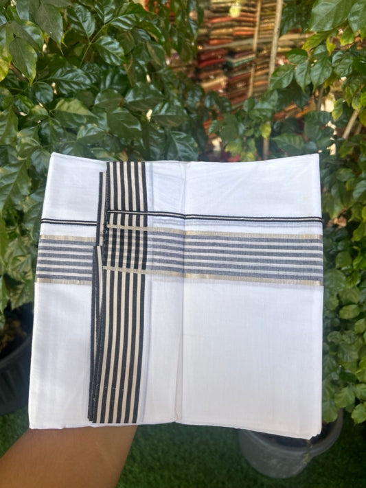 20% Discount! KaithariKada Balaramapuram 100% Cotton Double Pure white Mundu/Dhoti- 100x80 - 1.5 inch Silver Black & Cream Striped kara - 3.90mtr ( 8 muzham) - 70 KK5279 CKS