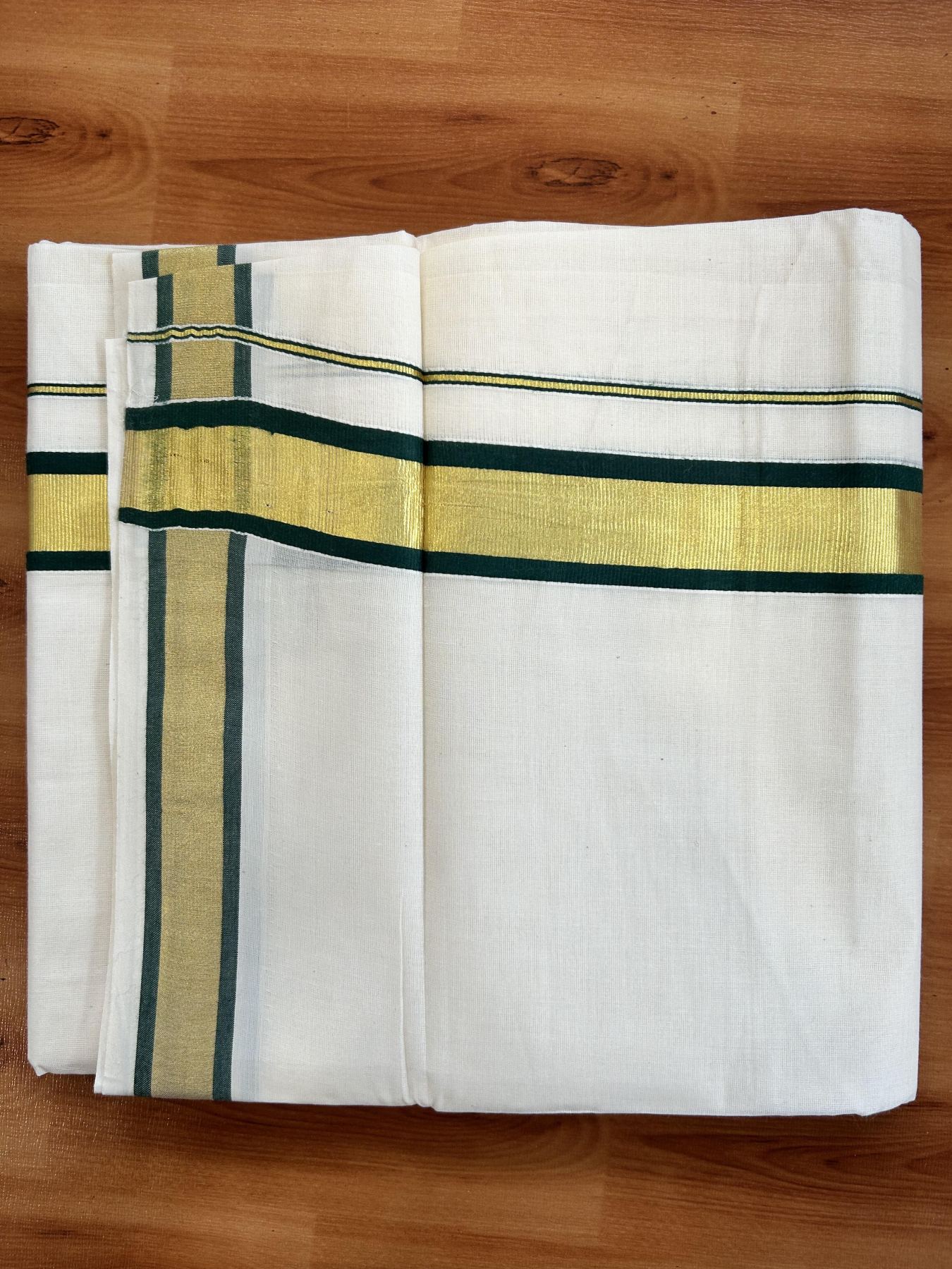 Double Off White - (Unbleached) Mundu/Dhoti - 20% Discount! KaithariKada Balaramapuram Pure Cotton - 80s - 1.25 inch Gold Kasav & Green Kara - 4 mtr (8.5 Muzham) - 10 KK5413 GAN
