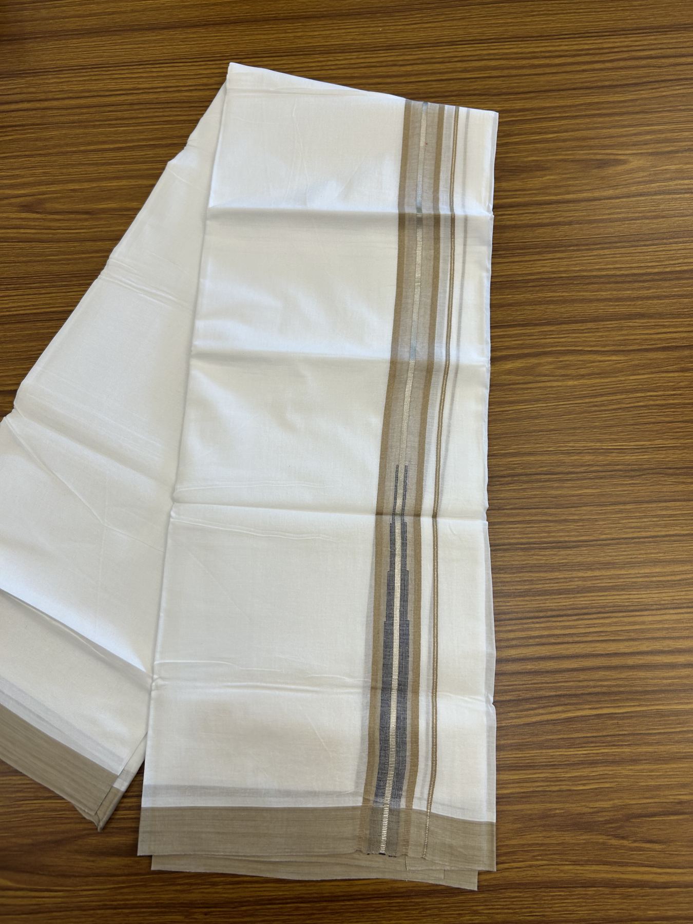 20% Discount ! Kaitharikada Balaramapuram 100% Pure Cotton Double Pure White Mundu/Dhoti - 100x80 - 1.5 inch Silver Kasav Brown & Blue Shaded Stripes Chutty 3.90 mtr (8 muzham) - 58 KK5312 PMC