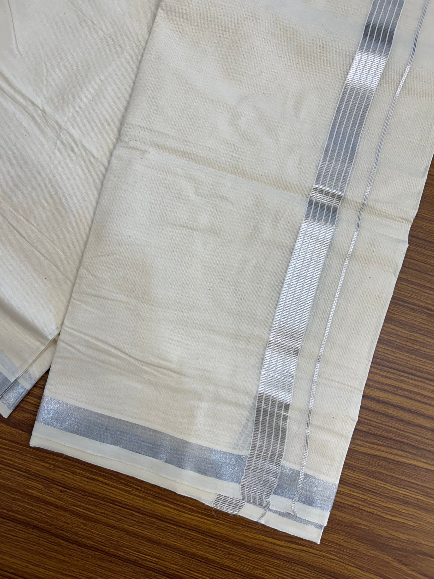 20% Discount ! KaithariKada  Balaramapuram - Cotton Off White (Unbleached) Double Mundu/Dhoti - Mixed Cotton 80x72 - 90% Cotton & 10% Polyester - 1.5 inch Silver Kasav Striped Kara 4 mtr (8.5 Muzham) - 4 KK5250 VIN