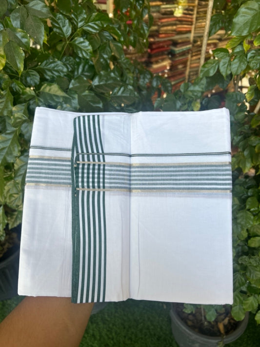 20% Discount! KaithariKada Balaramapuram 100% Cotton Double Pure white Mundu/Dhoti- 100x80 - 1.5 inch Silver Dark Green & White Striped kara - 3.90mtr ( 8 muzham) - 69 KK5279 CKS