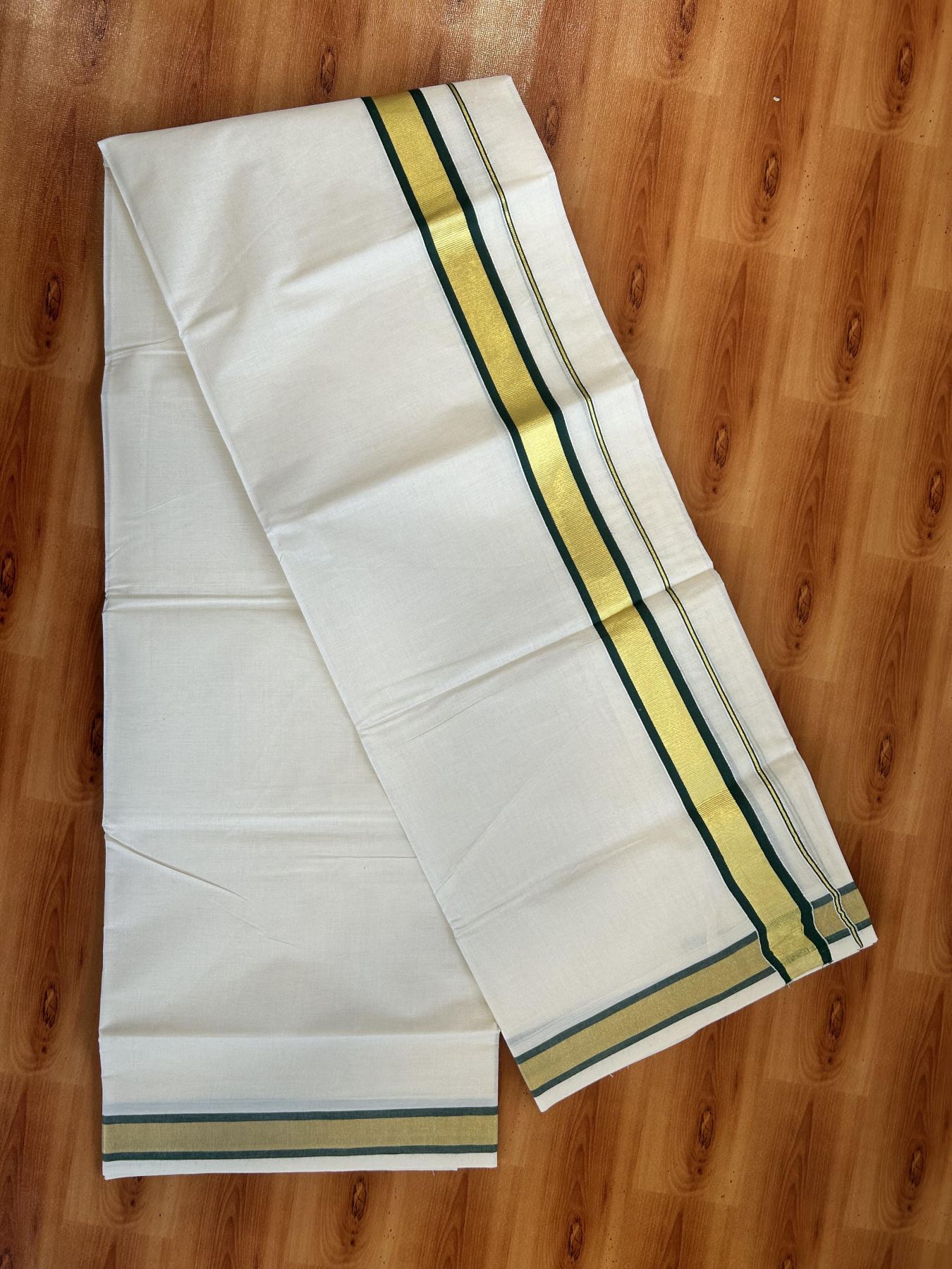 Double Off White - (Unbleached) Mundu/Dhoti - 20% Discount! KaithariKada Balaramapuram Pure Cotton - 80s - 1.25 inch Gold Kasav & Green Kara - 4 mtr (8.5 Muzham) - 10 KK5413 GAN