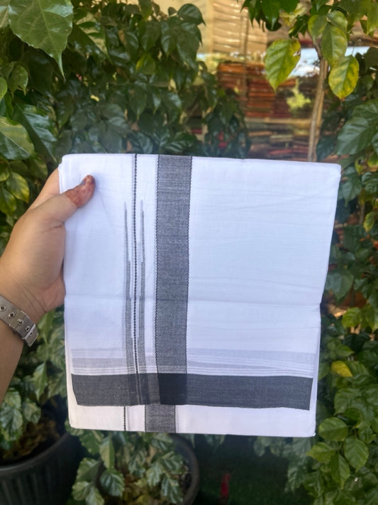 20% Discount! KaithariKada Balaramapuram 100% Cotton Double Pure white Mundu/Dhoti- 60s - 1.25 inch Black shaded chutty kara - 3.90mtr ( 8 muzham) - 23 KK5279 CKS