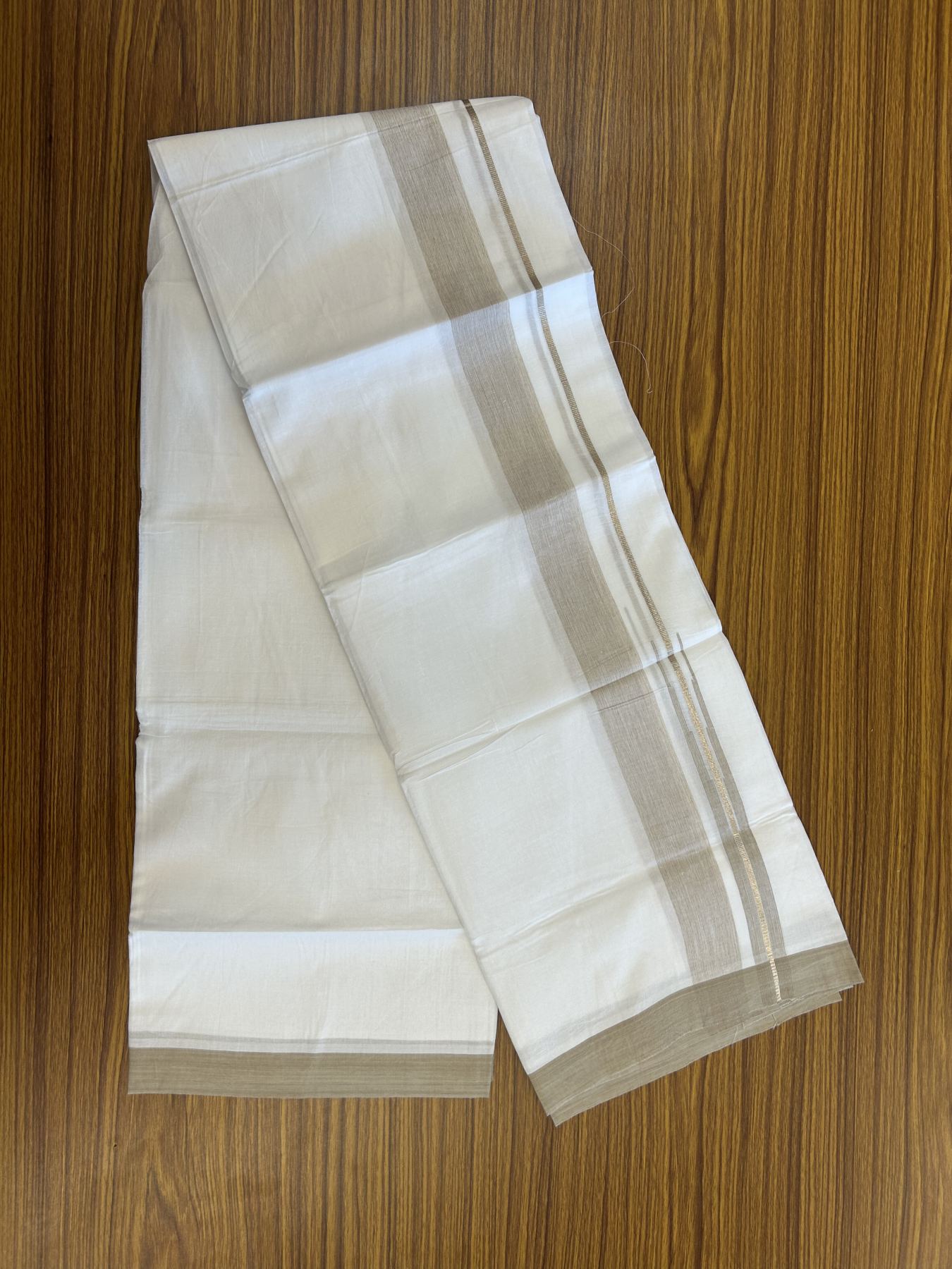 20% Discount ! Kaitharikada Balaramapuram 100% Pure Cotton Double Pure White Mundu/Dhoti - 100x80 - 1.5 inch Silver Kasav & Sand Brown Shaded Stripes Chutty 3.90 mtr (8 muzham) - 52 KK5312 PMC