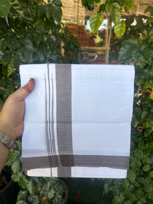 20% Discount! KaithariKada Balaramapuram 100% Cotton Double Pure white Mundu/Dhoti- 60s - 1.25 inch Brown shaded chutty kara - 3.90mtr ( 8 muzham) - 25 KK5279 CKS