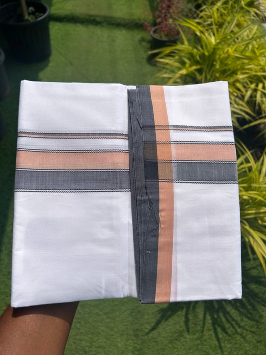 28% DISCOUNT! KaithariKada Balaramapuram 100% Cotton PURE WHITE Double Mundu/Dhoti-100x80 2.75 inch Peach cream & Black shaded designer kara - 17KK5116MR