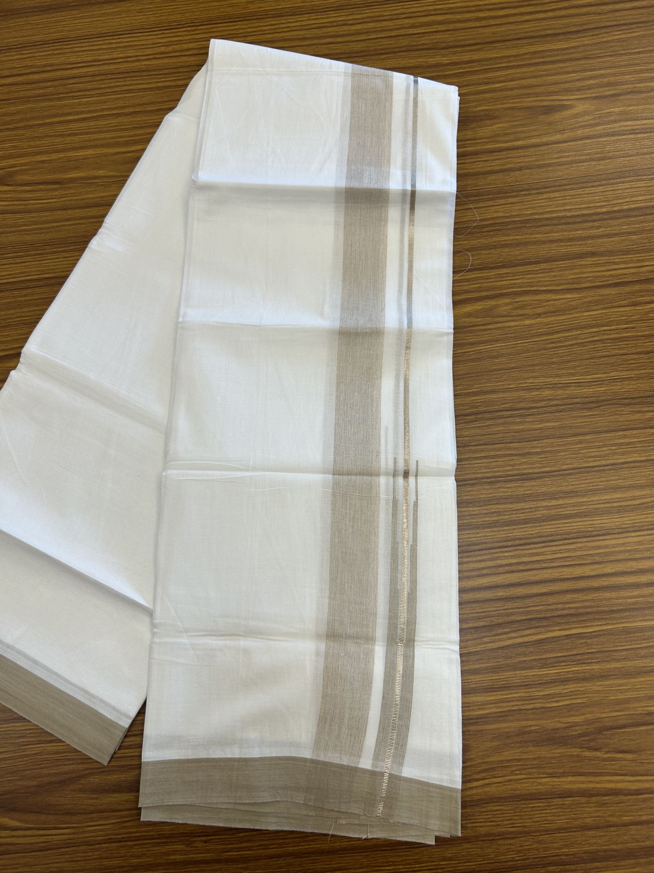 20% Discount ! Kaitharikada Balaramapuram 100% Pure Cotton Double Pure White Mundu/Dhoti - 100x80 - 1.5 inch Silver Kasav & Sand Brown Shaded Stripes Chutty 3.90 mtr (8 muzham) - 52 KK5312 PMC