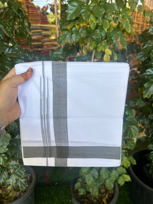 20% Discount! KaithariKada Balaramapuram 100% Cotton Double Pure white Mundu/Dhoti- 60s - 1.25 inch Dark Olive green shaded chutty kara - 3.90mtr ( 8 muzham) - 24 KK5279 CKS