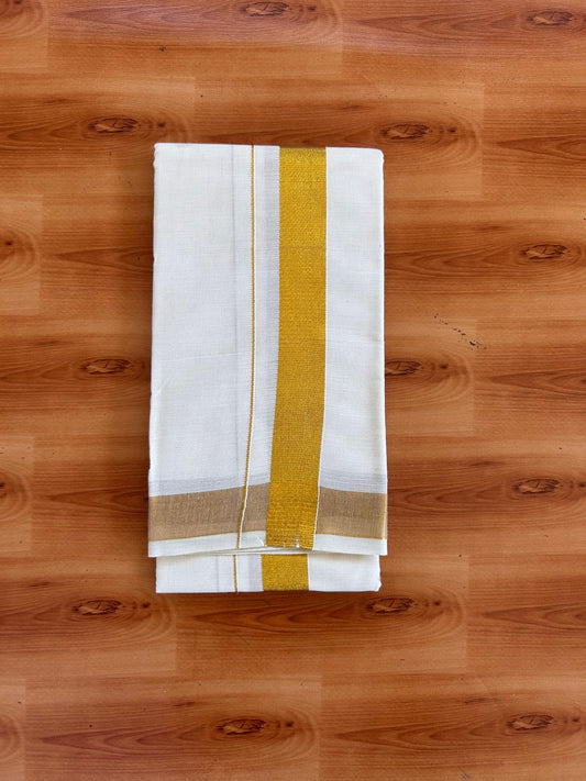 Neriyath Off White  (Unbleached) - KaithariKada - 60s Mixed Cotton - 1 Inch Gold Kasavu Kara - 1.65 mtr (3.64 muzham)- 2 KK5531 PMC