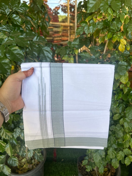 20% Discount! KaithariKada Balaramapuram 100% Cotton Double Pure white Mundu/Dhoti- 60s - 1.25 inch Black striped Greyish green shaded chutty kara - 3.90mtr ( 8 muzham) - 30 KK5279 CKS
