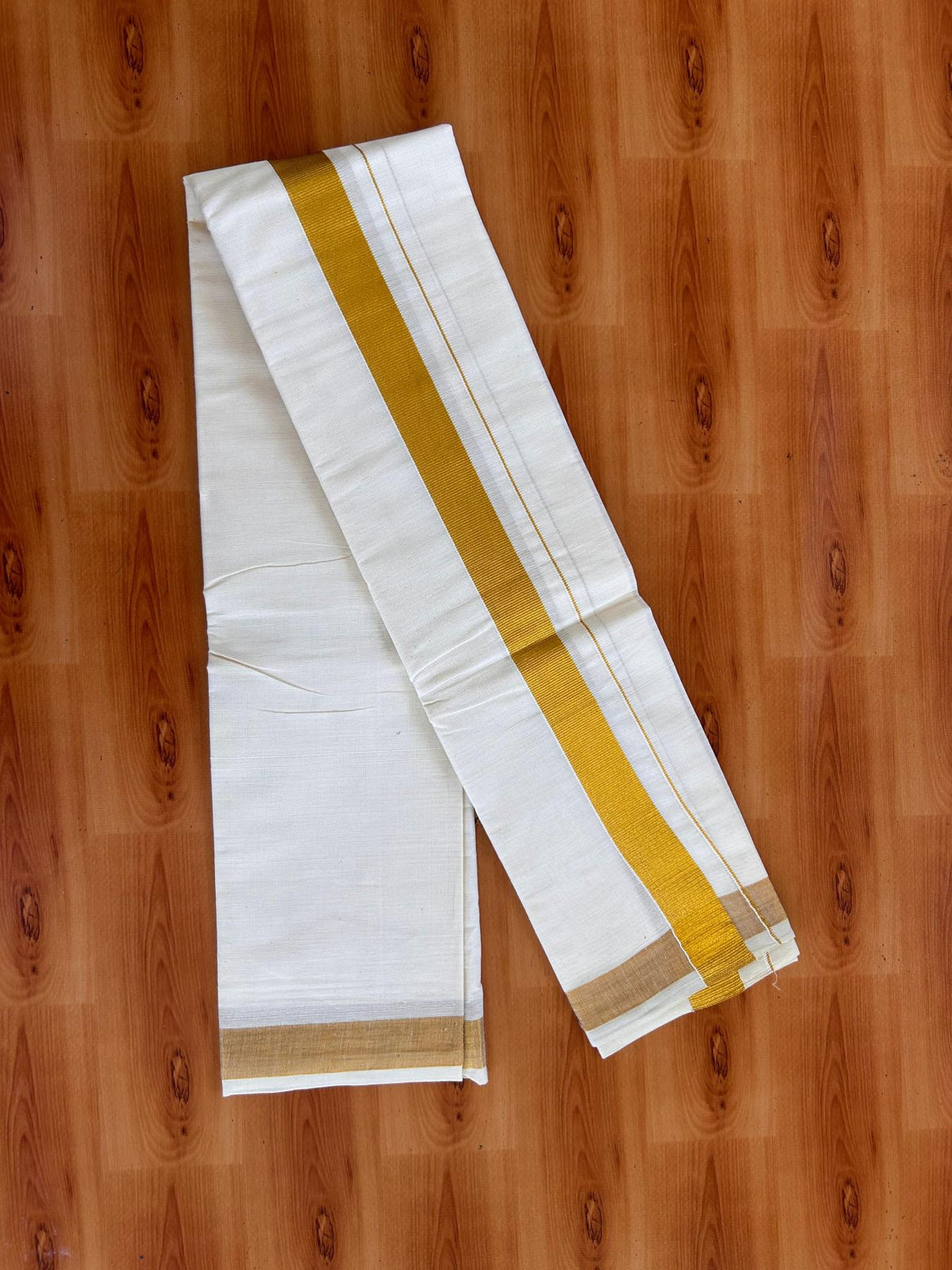 Neriyath Off White  (Unbleached) - KaithariKada - 60s Mixed Cotton - 1 Inch Gold Kasavu Kara - 1.65 mtr (3.64 muzham)- 2 KK5531 PMC