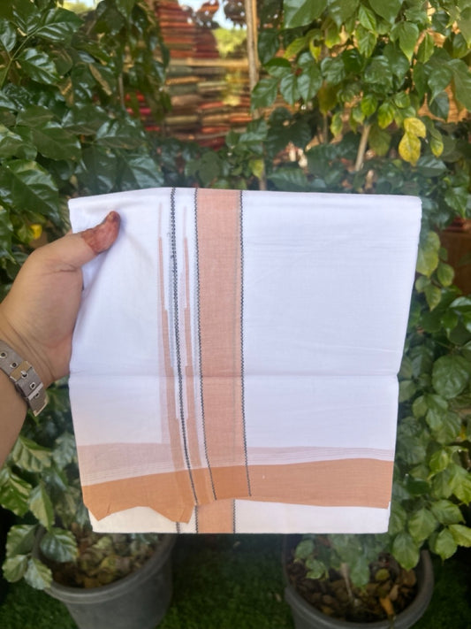 20% Discount! KaithariKada Balaramapuram 100% Cotton Double Pure white Mundu/Dhoti- 60s - 1.25 inch Navy Blue striped Peach orange shaded chutty kara - 3.90mtr ( 8 muzham) - 32 KK5279 CKS