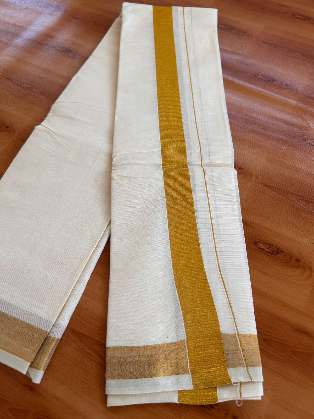 Neriyath Off White  (Unbleached) - KaithariKada - 60s Mixed Cotton - 1 Inch Gold Kasavu Kara - 1.65 mtr (3.64 muzham)- 2 KK5531 PMC