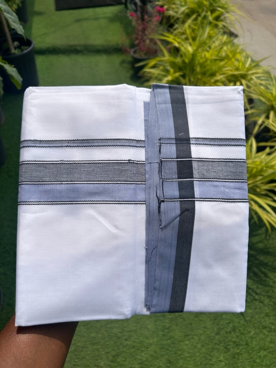 28% DISCOUNT! KaithariKada Balaramapuram 100% Cotton PURE WHITE Double Mundu/Dhoti-100x80 2.75 inch Light blue & Black shaded designer kara - 16KK5116MR