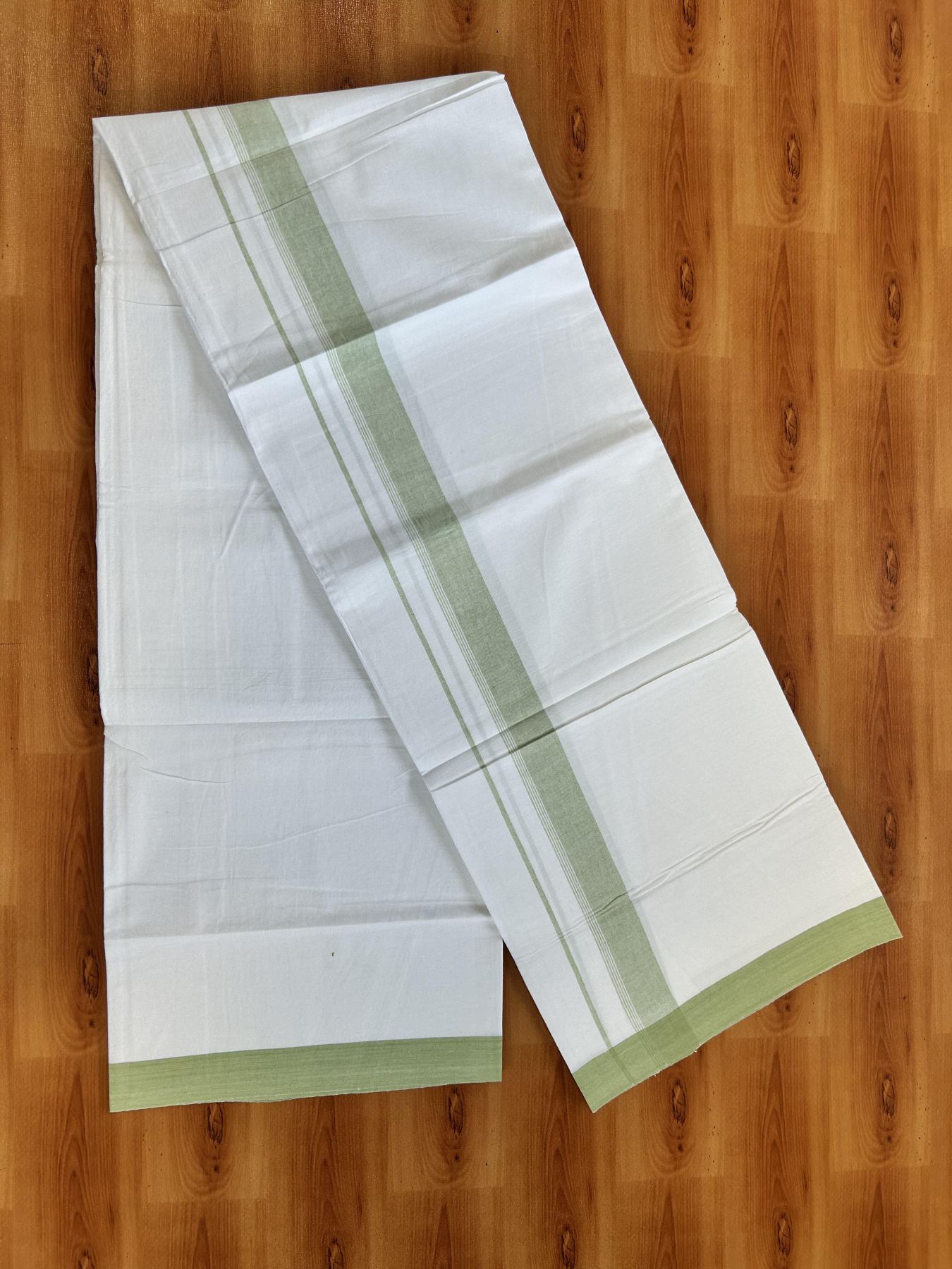 Single Pure White Mundu/Dhoti - KaithariKada Balaramapuram Pure Cotton - 70x30 - 1.25Inch Greenish Beige Shaded Striped Kara 1.90 mtr (4 muzham) - 19 KK5418 PMC
