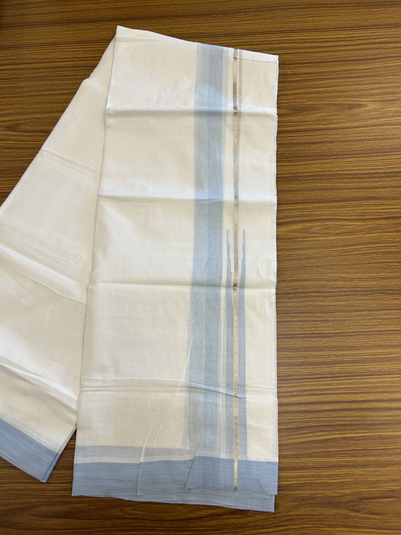 20% Discount ! Kaitharikada Balaramapuram 100% Pure Cotton Double Pure White Mundu/Dhoti - 100x80 - 1.5 inch Silver Kasav & Light Sky Blue Shaded Stripes Chutty 3.90 mtr (8 muzham) - 47 KK5312 PMC