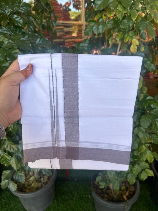 20% Discount! KaithariKada Balaramapuram 100% Cotton Double Pure white Mundu/Dhoti- 60s - 1.25 inch Purple Brown shaded chutty kara - 3.90mtr ( 8 muzham) - 26 KK5279 CKS