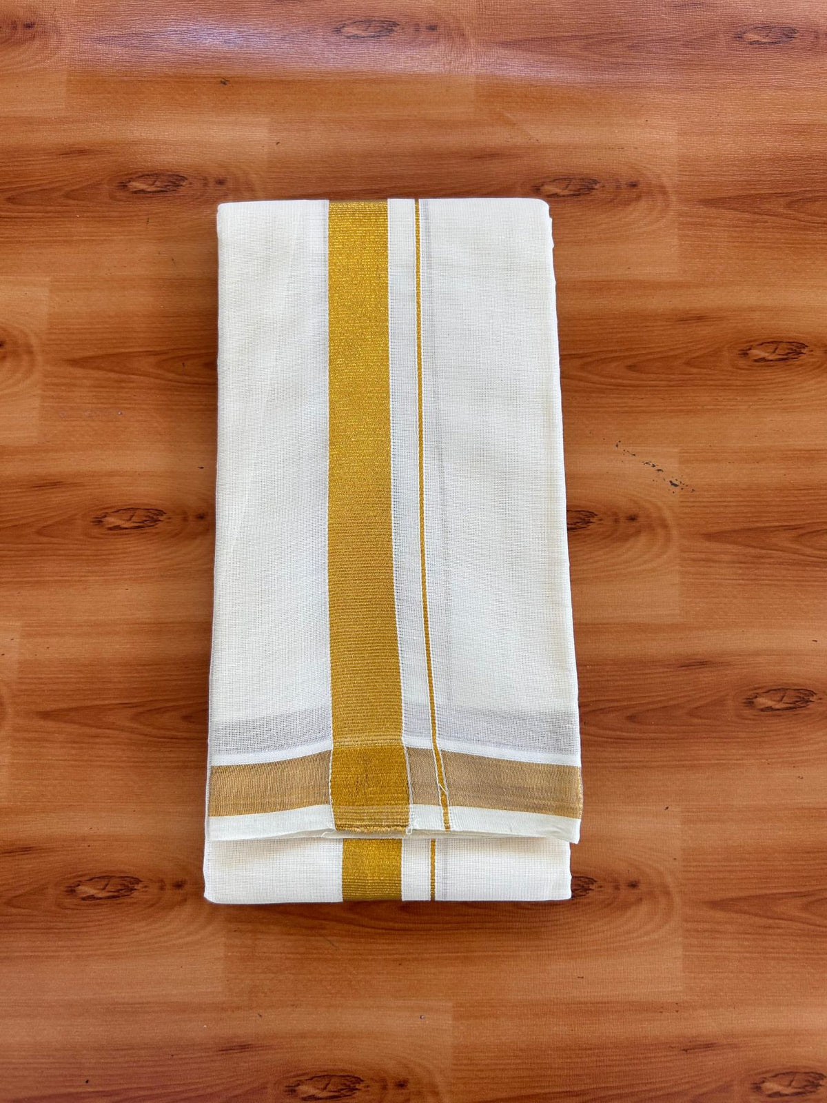 Neriyath Off White  (Unbleached) - KaithariKada -  Mixed Cotton - 1 Inch Gold Kasavu Kara - 1.78 mtr (3.64 muzham)- 3 KK5531 PMC
