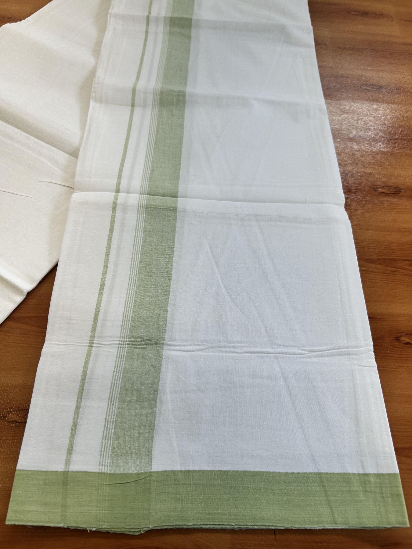 Single Pure White Mundu/Dhoti - KaithariKada Balaramapuram Pure Cotton - 70x30 - 1.25Inch Greenish Beige Shaded Striped Kara 1.90 mtr (4 muzham) - 19 KK5418 PMC