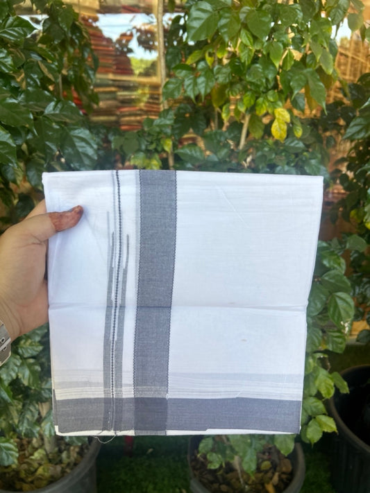 20% Discount! KaithariKada Balaramapuram 100% Cotton Double Pure white Mundu/Dhoti- 60s - 1.25 inch Ash Blue shaded chutty kara - 3.90mtr ( 8 muzham) - 27 KK5279 CKS