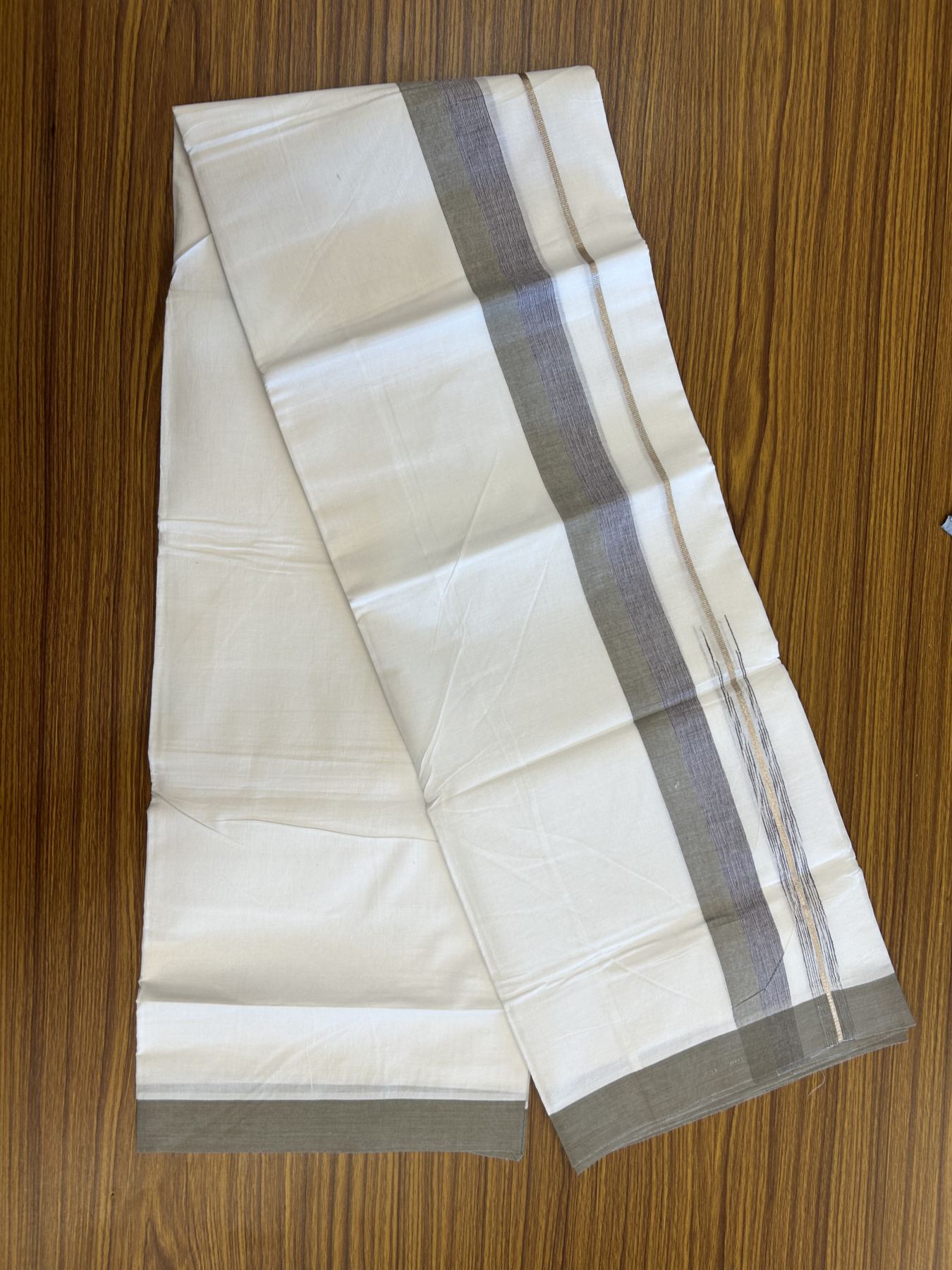 20% Discount ! Kaitharikada Balaramapuram 100% Pure Cotton Double Pure White Mundu/Dhoti - 100x80 - 1.5 inch Silver Kasav Sage Green & Grape Wine Shaded Stripes Chutty 3.90 mtr (8 muzham) - 60 KK5312 PMC