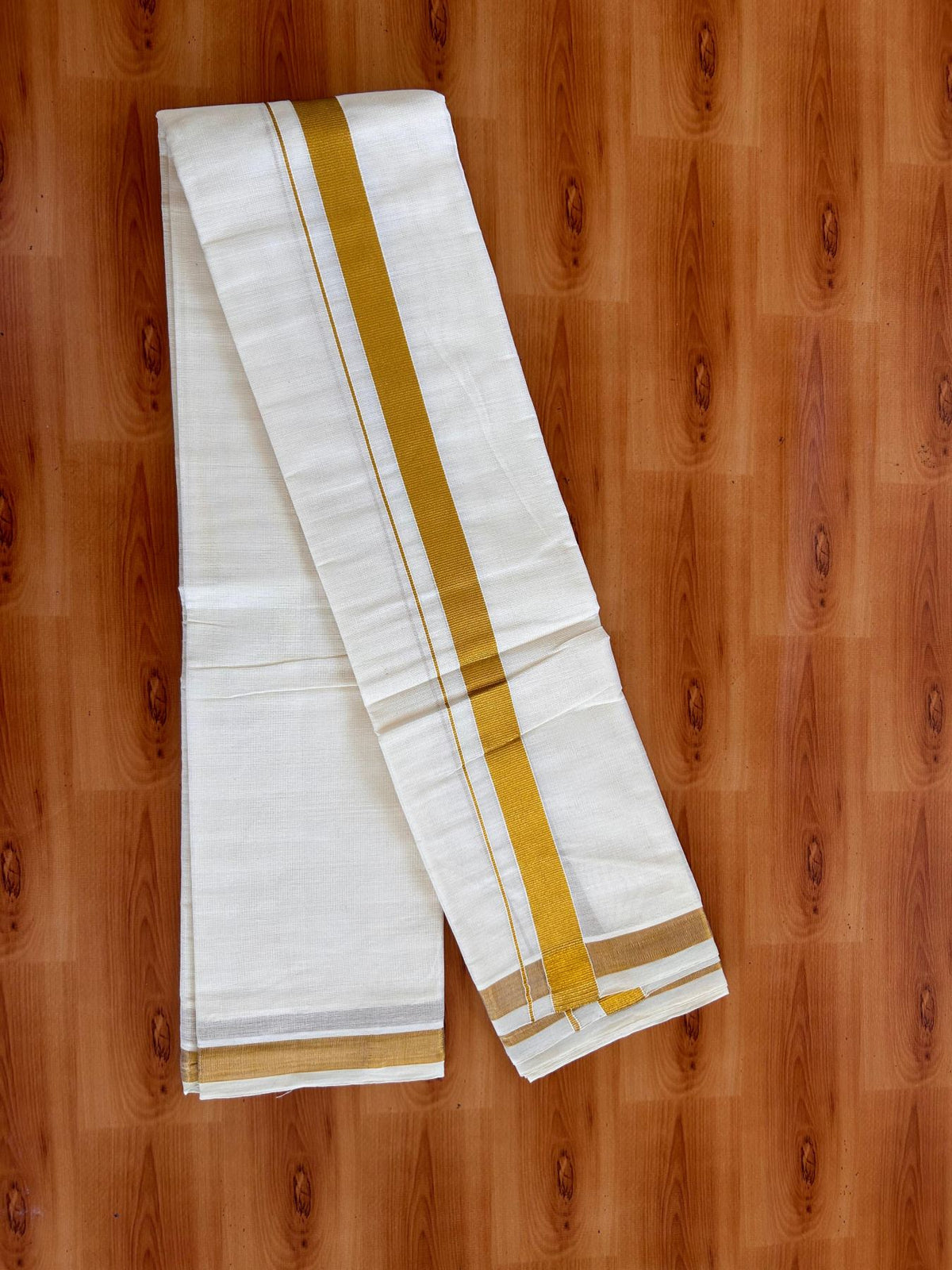 Neriyath Off White  (Unbleached) - KaithariKada -  Mixed Cotton - 1 Inch Gold Kasavu Kara - 1.78 mtr (3.64 muzham)- 3 KK5531 PMC