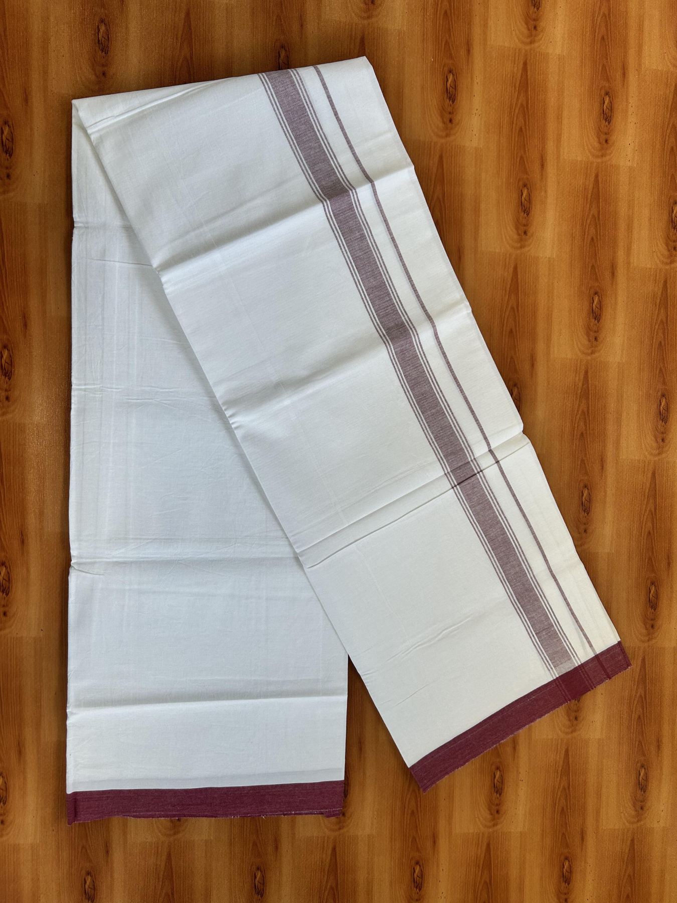 Single Pure White Mundu/Dhoti - KaithariKada Balaramapuram Pure Cotton - 70x30 - 1.25 Inch Maroon Shaded Striped Kara 1.90 mtr (4 muzham) - 21 KK5418 PMC