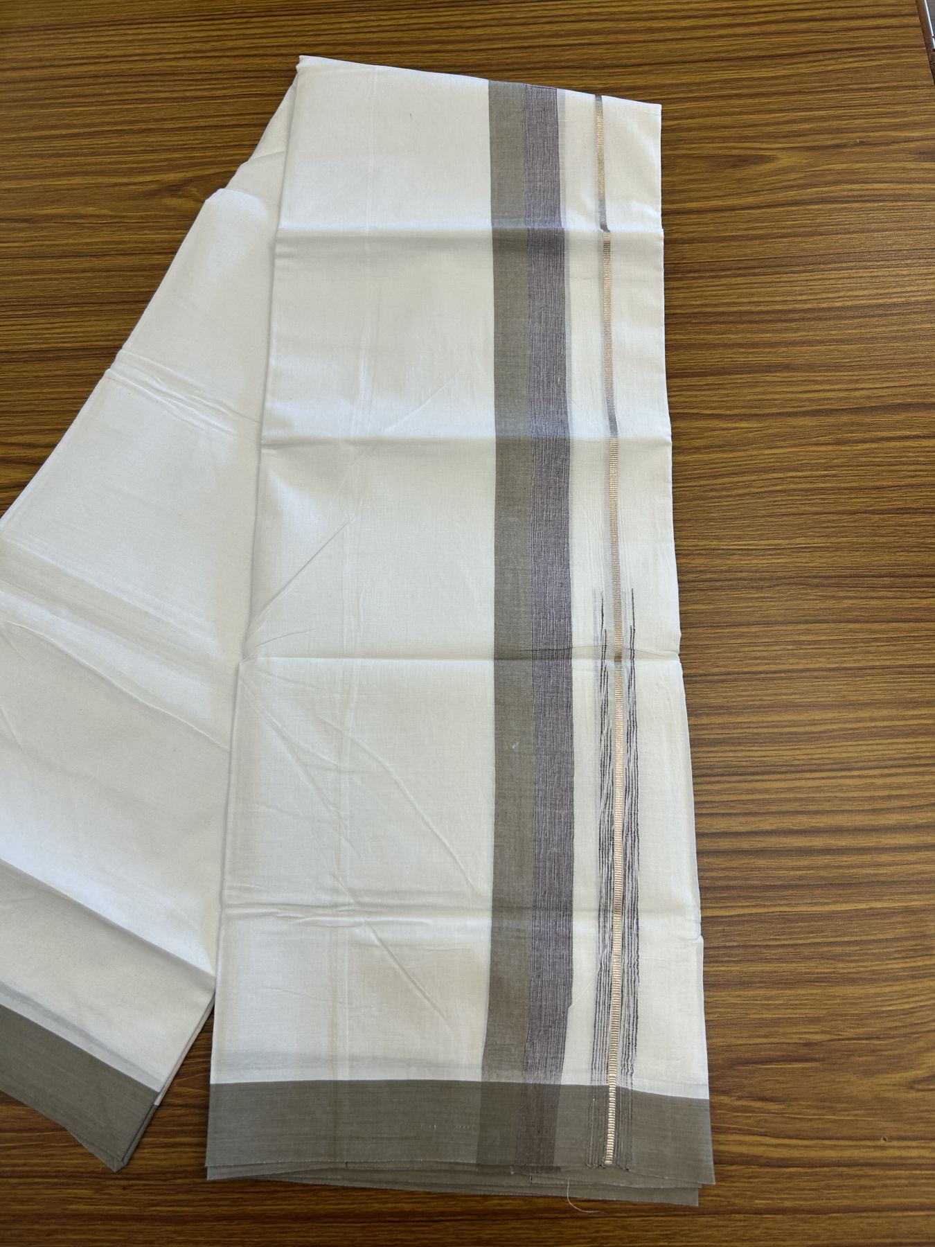 20% Discount ! Kaitharikada Balaramapuram 100% Pure Cotton Double Pure White Mundu/Dhoti - 100x80 - 1.5 inch Silver Kasav Sage Green & Grape Wine Shaded Stripes Chutty 3.90 mtr (8 muzham) - 60 KK5312 PMC