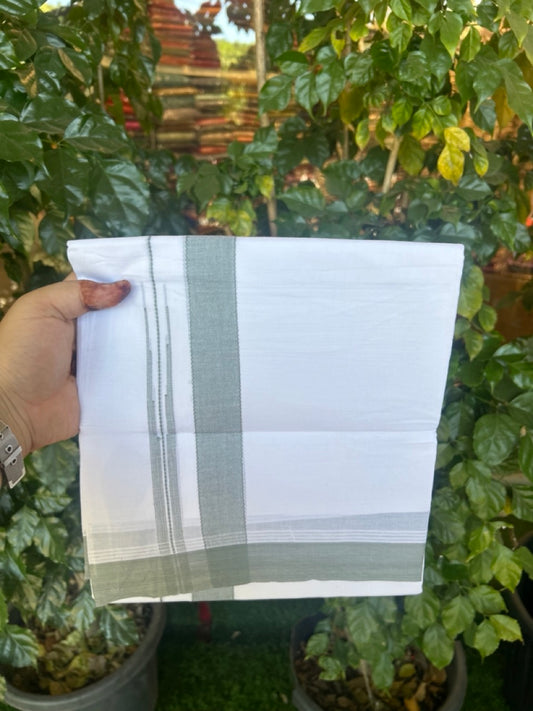 20% Discount! KaithariKada Balaramapuram 100% Cotton Double Pure white Mundu/Dhoti- 60s - 1.25 inch Greyish green shaded chutty kara - 3.90mtr ( 8 muzham) - 29 KK5279 CKS