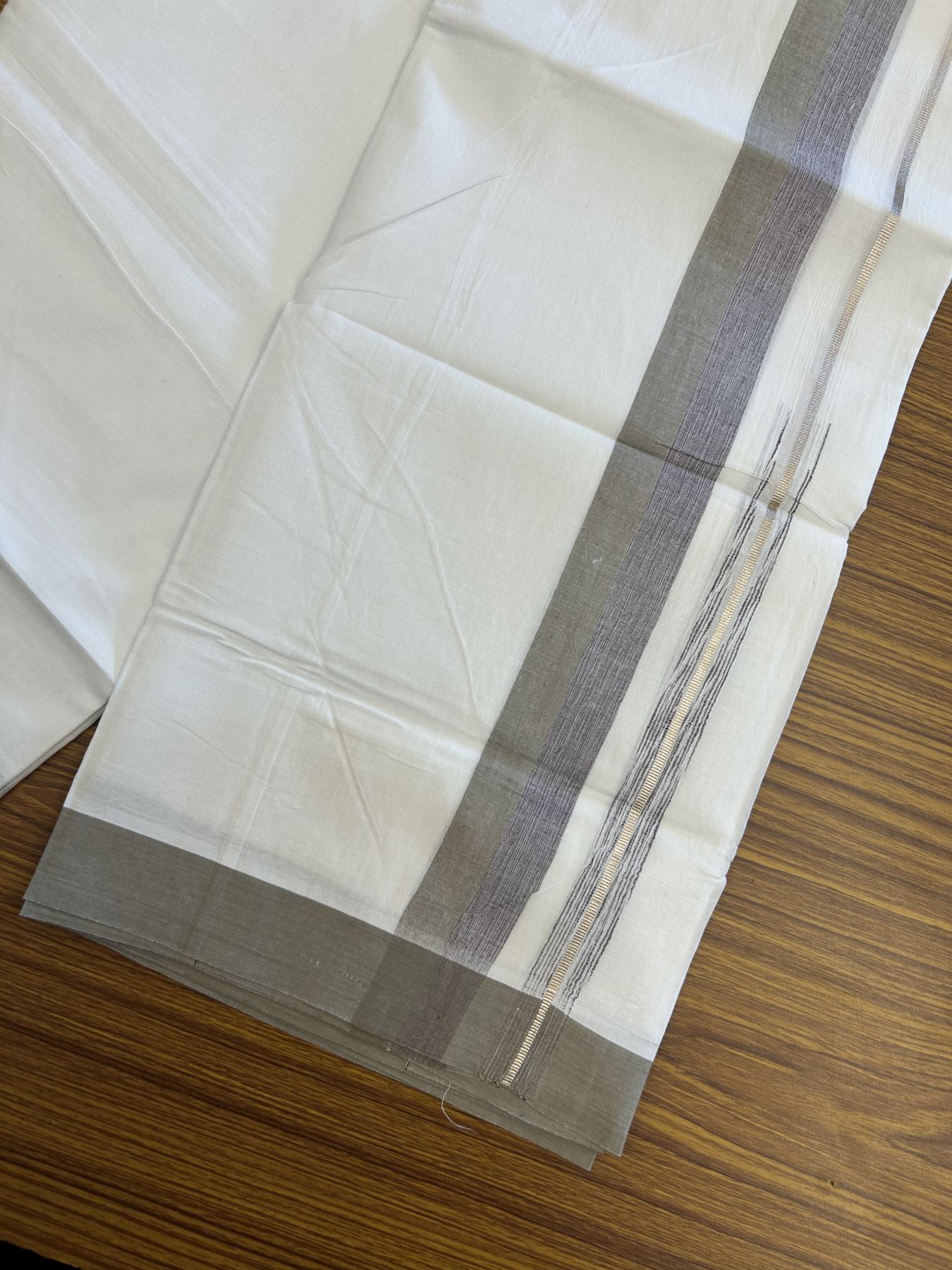 20% Discount ! Kaitharikada Balaramapuram 100% Pure Cotton Double Pure White Mundu/Dhoti - 100x80 - 1.5 inch Silver Kasav Sage Green & Grape Wine Shaded Stripes Chutty 3.90 mtr (8 muzham) - 60 KK5312 PMC